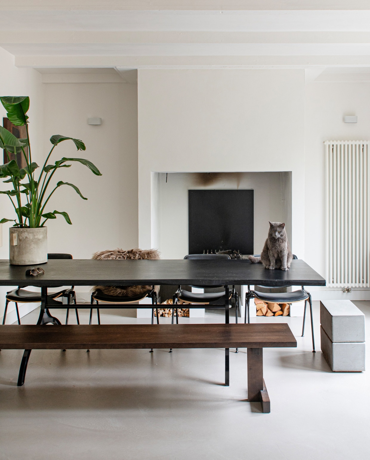Eettafel met onderstel gemaakt door een smid en zwart geverfd blad van een houthandel, bank Studio Henk, geüpcyclede stoelen Project99, vacht Loods 5, plantenpot en rechthoekige kruk van Serax via JAS. vtwonen binnenkijken special 131-2024 | productie De Binnenkijkers | styling Jeske Weel | fotografie Caroline Coehorst