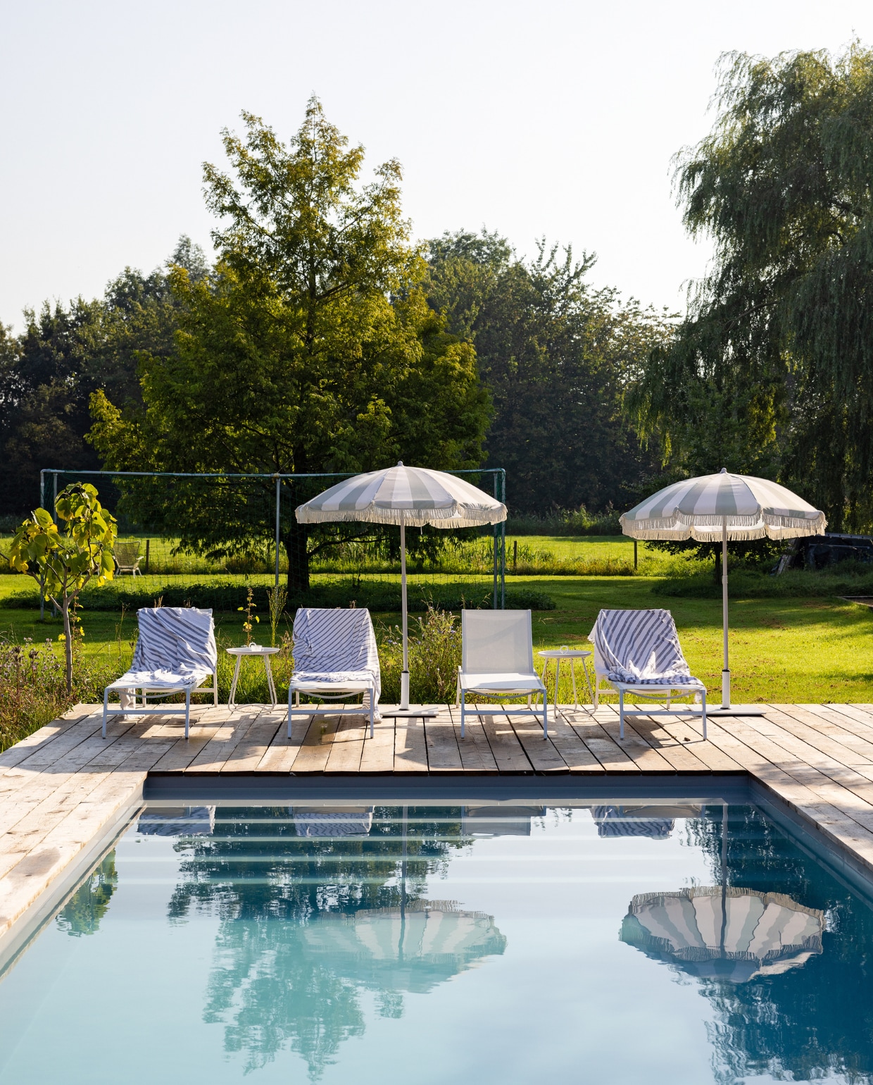 Kleine boom links vijg, boom rechts wilg. Zwembad PoolPlaza, ligbedden Maisons du Monde, parasols Kwantum, vlonders gemaakt van steigerplanken. vtwonen Tuin 10 | styling Ilona Jongepier | fotografie Dana van Leeuwen