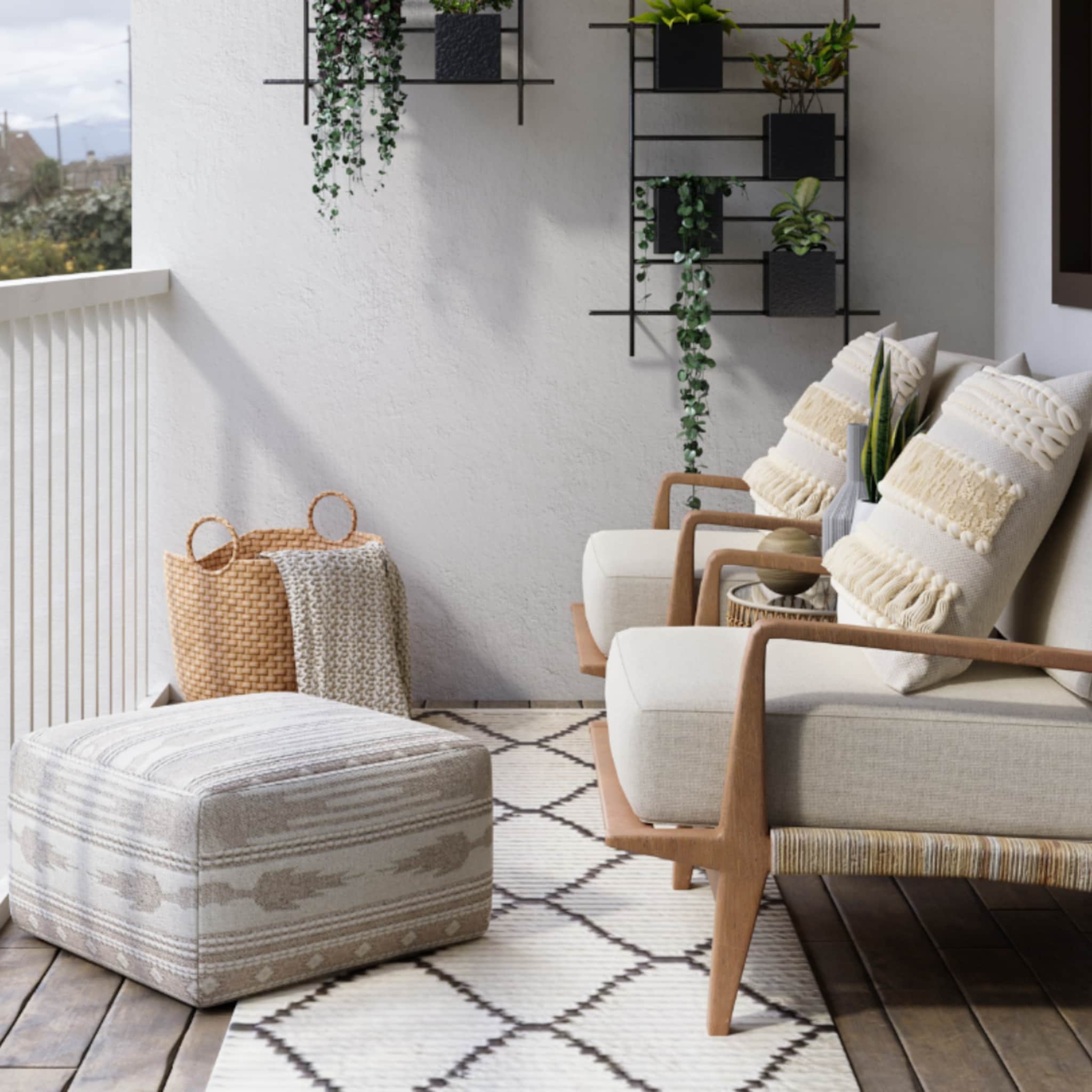 Balkon met lounge set en buitenkleed met houten vloer