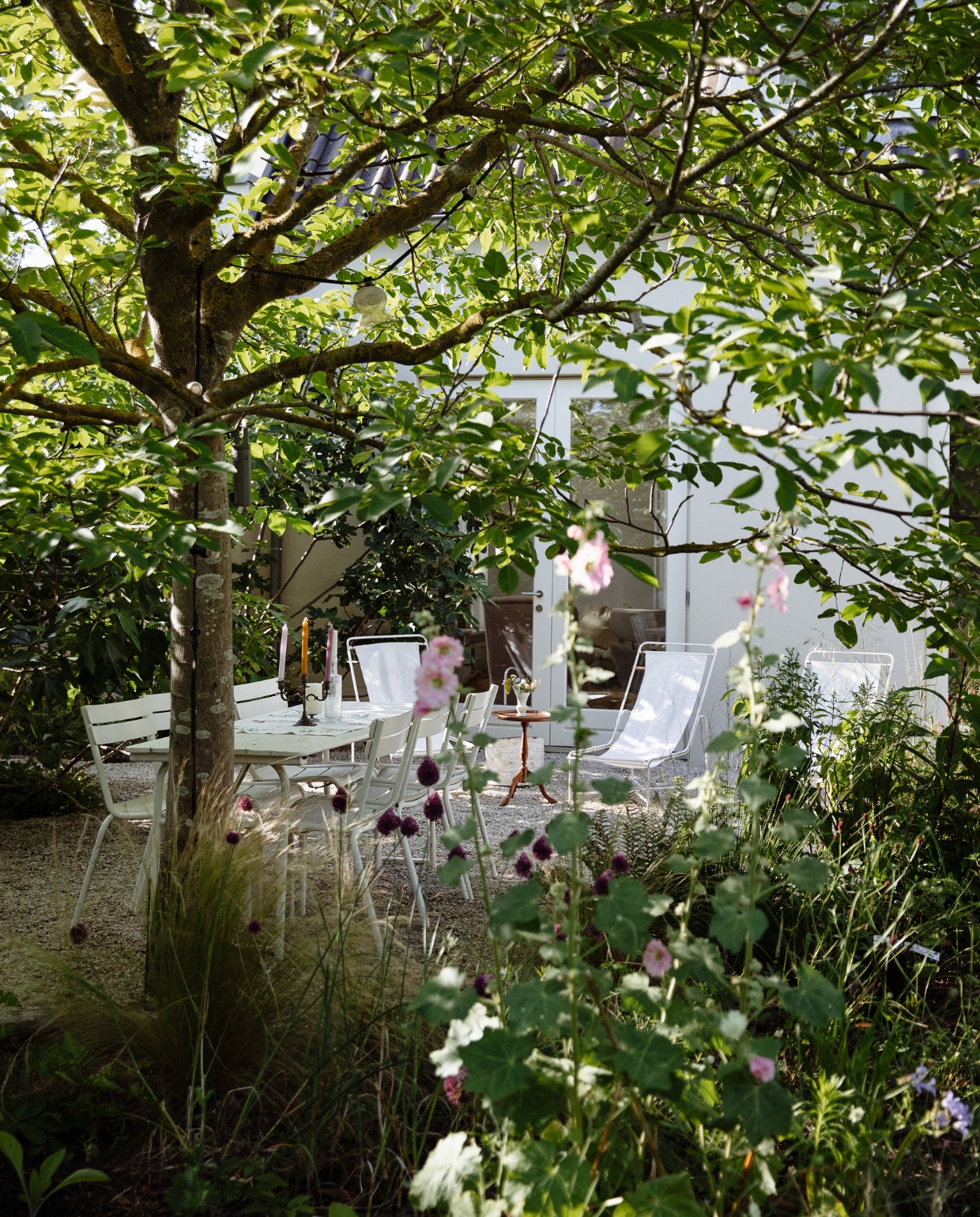 Door de aanplant van een walnoot valt het zonlicht minder hard op de strak gestuukte gevel van het huis. ‘Het was al een wat oudere boom, onze duurste tuinaankoop.’ Tafel Combitex, stoelen Fermob, ligstoelen Polspotten. vtwonen Tuin 09 | styling Ilona