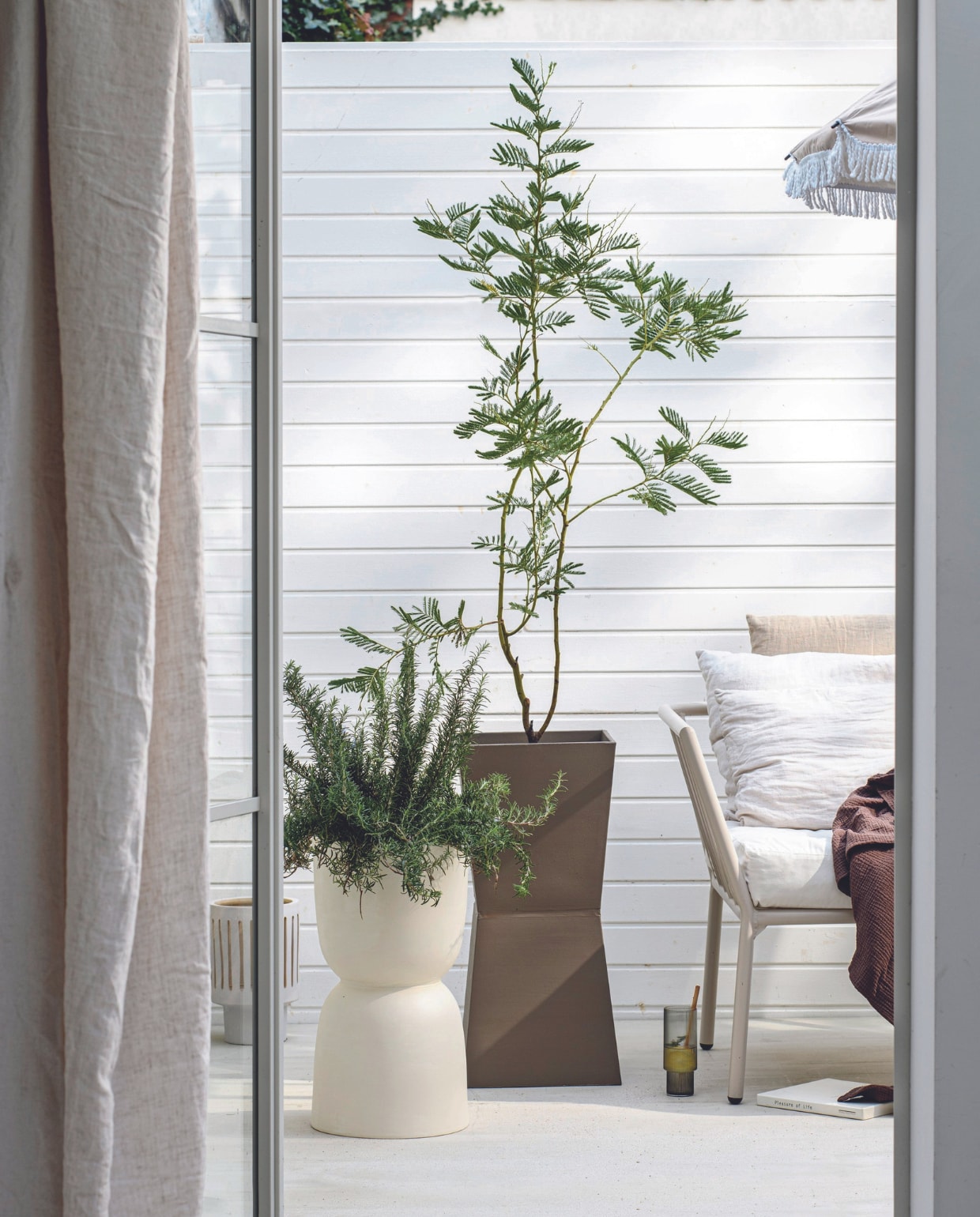 Mimosa boom € 59,95, rozemarijn € 24,95 (bloementuinaandezaan.nl). Aluminium bankelement Menton € 299,- (jotex.nl). Longdrinkglas Ripple van Ferm Living in Smoked Grey, set van 4 € 59,- (thefinestore.com). Parasol Pescara van Human Nature, 180 cm (Ø) € 44,99 (anwb.nl). Beige linnen kussenhoes € 14,99, mousseline sprei, 180x250 cm € 69,99, linnen gordijnen, set van 2 € 84,99 (hm.com). Witte linnen kussenhoes Milk € 19,-(puurlifestyle.com). Houtfineer dienblad Ombonad, 42 cm (Ø) € 34,99 (ikea.nl). Overig privébezit. vtwonen 06-2024 | styling Myla Griese | fotografie Louis Lemaire