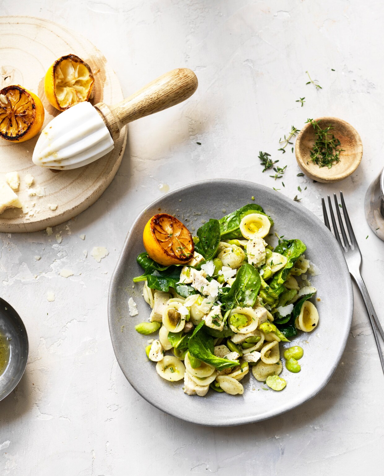 Kip-pastasalade met tuinbonen en citroendressing