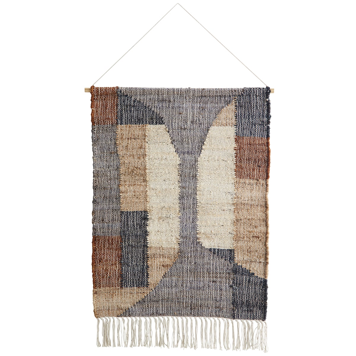 Deens Madam StoltzJuteWandkleed naturel, blauw, zwart, warm oranje Deens