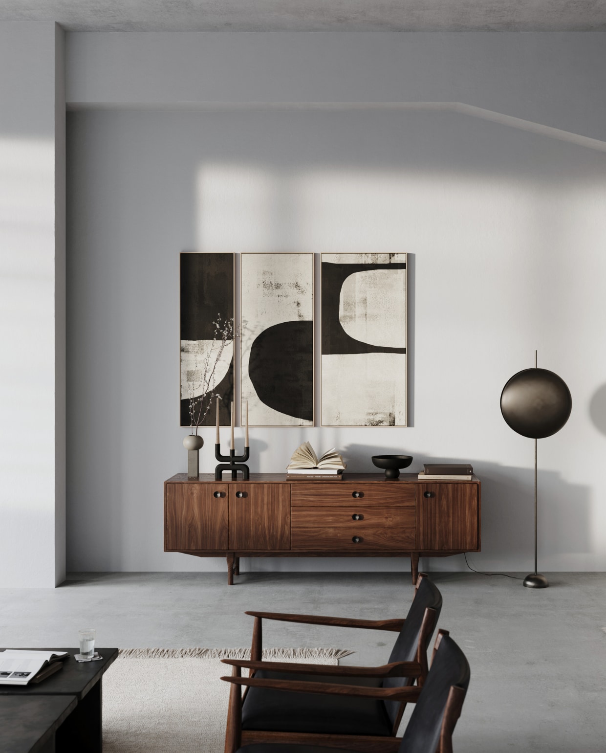 moderne japandi woonkamer, totem vloerlamp brons , barburu bowl, empire vaas , cobra kandelaar, brutus kruk,, hihat greepje brons (101 copenhagen) 101 copenhagen