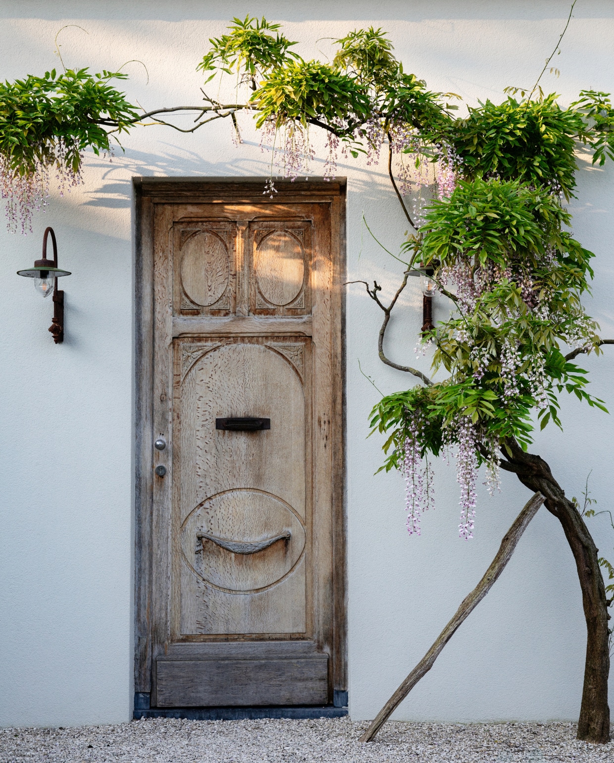 voordeur, hanglamp buiten, blauwe regen  vtwonen special tuin 9-2024 | fotografie Dana van Leeuwen | styling Ilona Jongepier