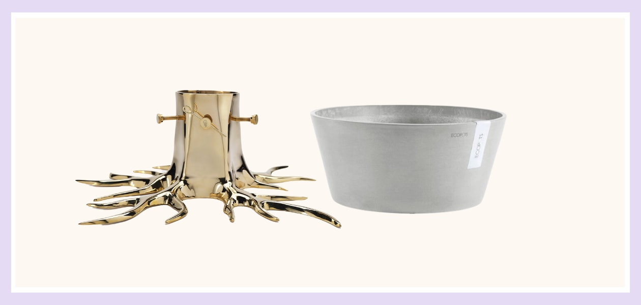 Christmas tree strand ‘the root’ in gold,  Garden Glory, € 695. Kerstboomvoet xl white grey, Ecopost, € 145,95. Garden Glory, Ecopots
