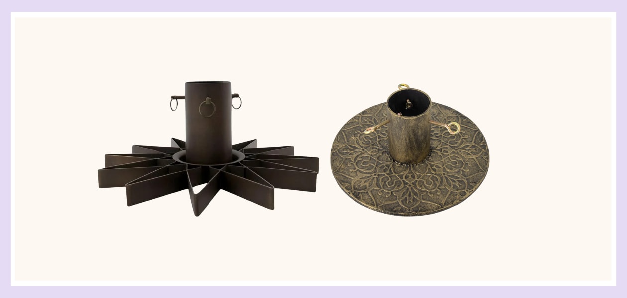 Star kerstboomvoet in antiek bruin, Nordic Nest, € 104. Kayra boomstandaard, Bloomingville, € 124. Nordic nest, Bloomingville