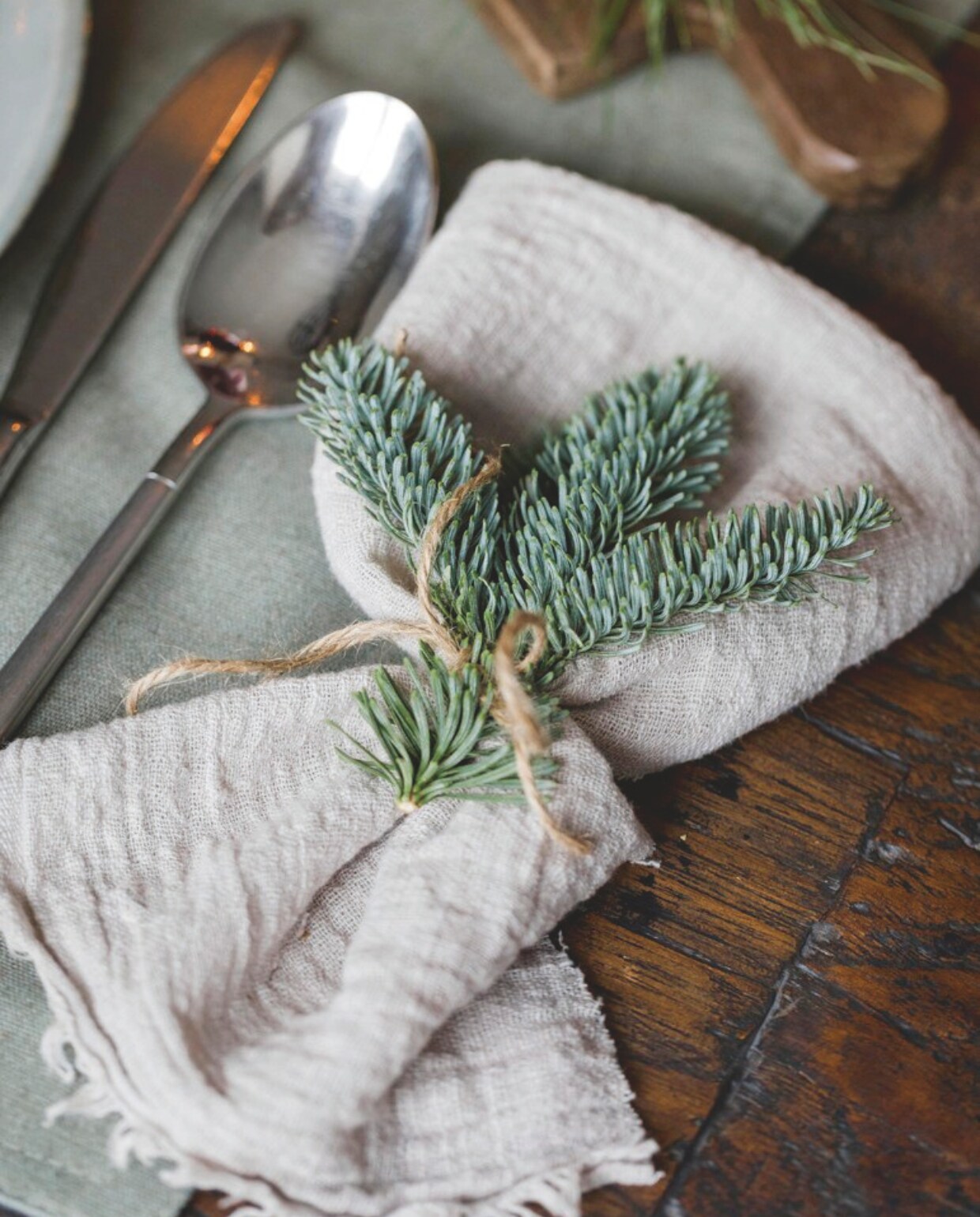 De tafel is gedekt met servies van Loods 5, placemats van Puur Wonen. De groen- en kerstdecoraties zijn van Met Landelijk Label. vtwonen landelijk 07-2024 | Styling Rust &amp; tiek | Fotografie Corine Hoge Bavel-Jansen