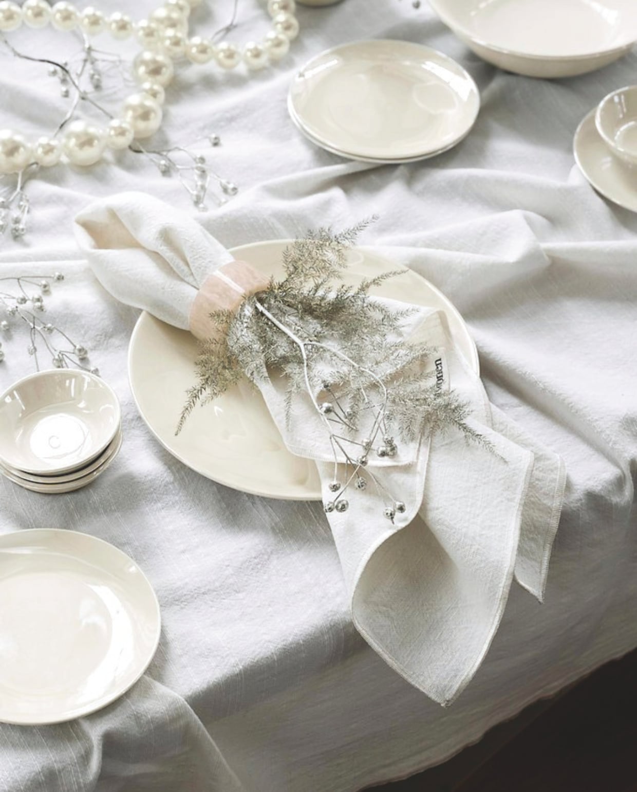 Servetten van katoen en linnen in Egg-white, 50x50 cm € 12,95. Servetringen Pearl van kunsthars, set van 4 € 22,95. Linnenmix tafelkleed in Egg-white, 150x250 cm € 69,95. Porseleinen borden Pearl, set van 4, vanaf 12 cm (Ø) € 22,95. Porseleinen teatip Pearl, 7 cm (Ø), set van 4  € 12,95. Porseleinen kom Pearl, set van 2, vanaf 18 cm (Ø) € 24,95. Guirlande Pearl, 100 cm (l) € 49,95. vtwonen 12-2024 | styling Kim van Rossenberg | fotografie Stan Koolen