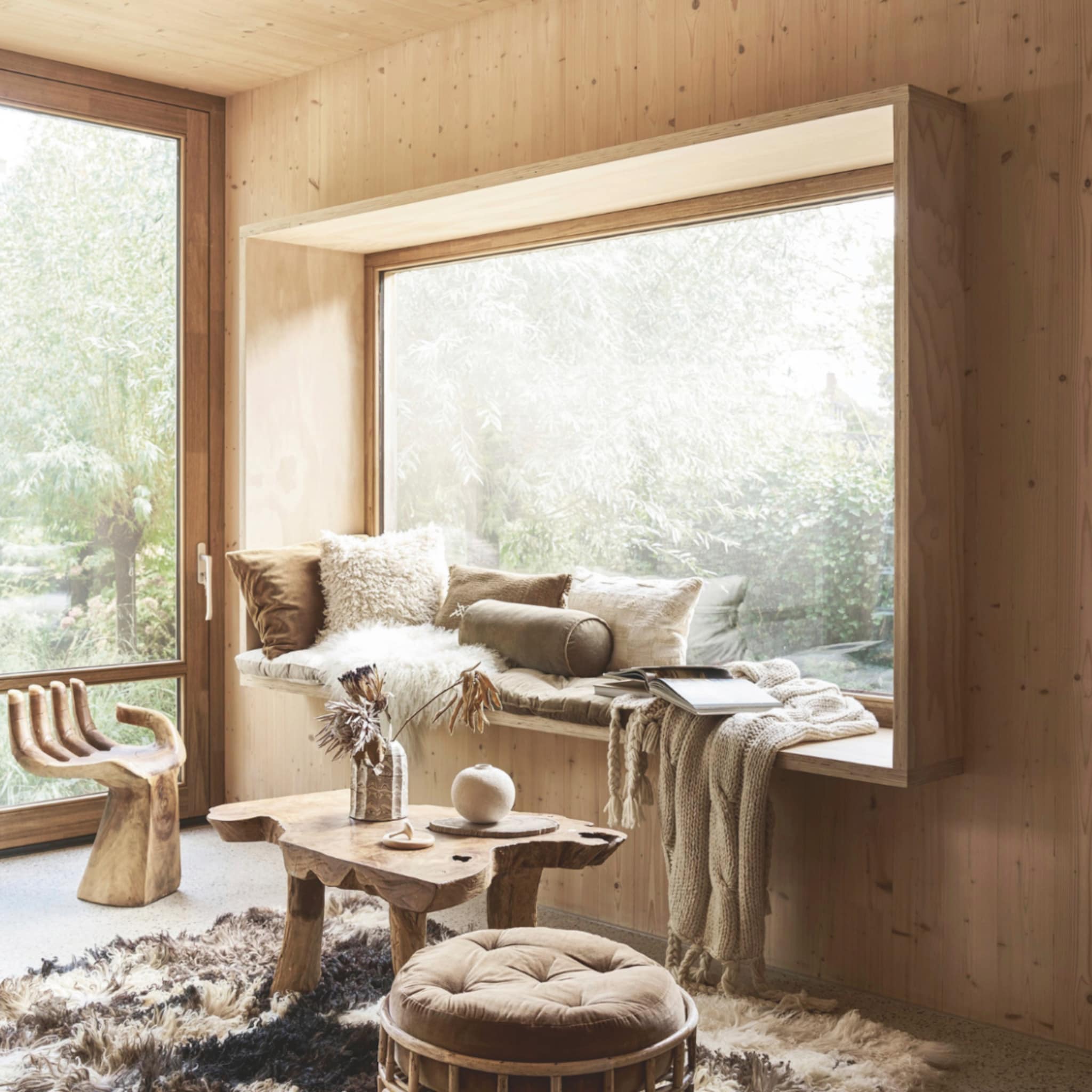 Knusse woonkamer met veel kussens en plaids