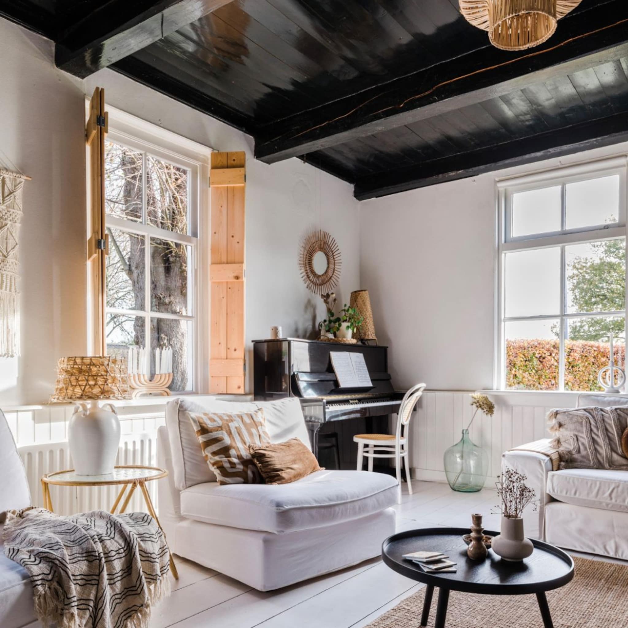Woonkamer met een zwart plafond