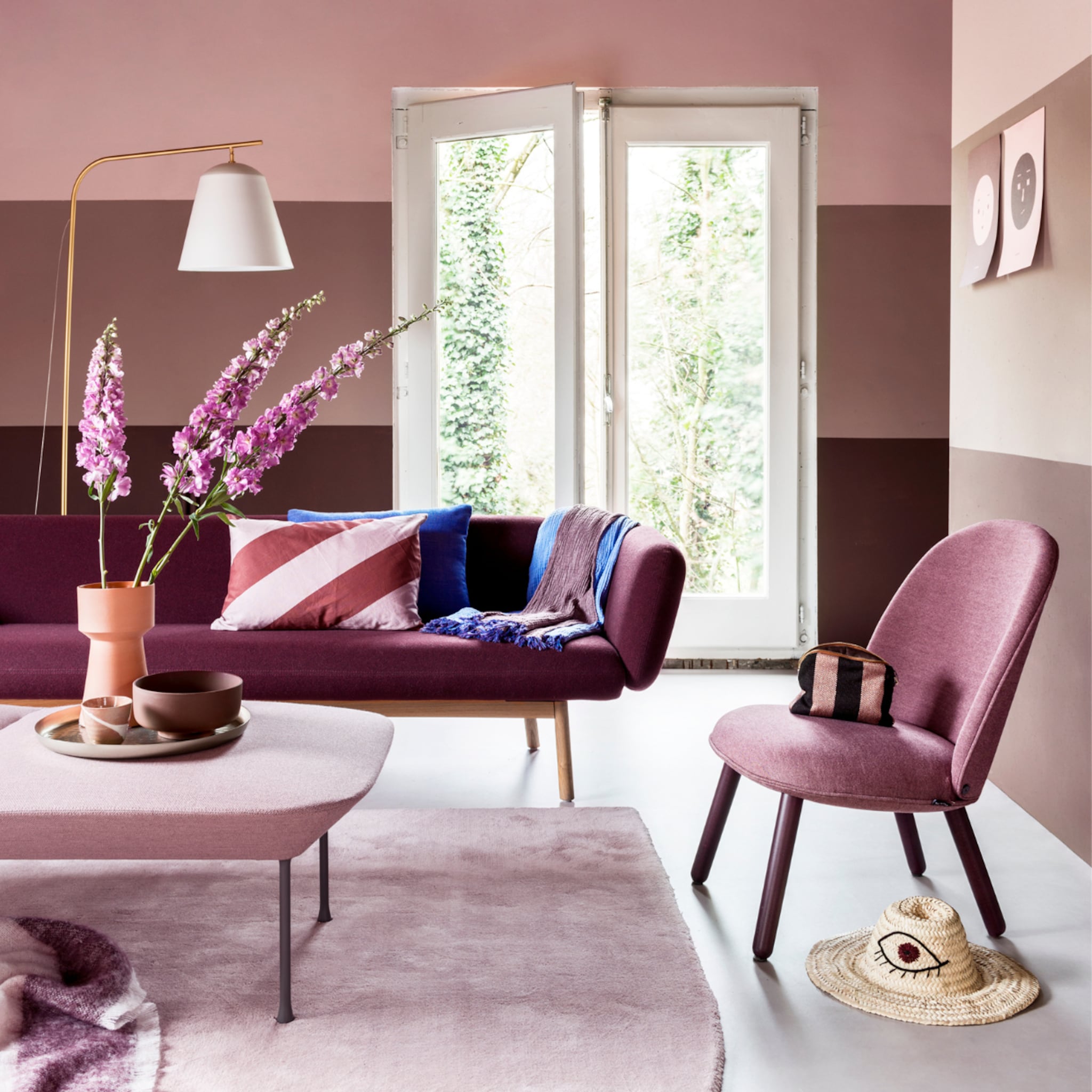 paarse bank combineren interieur