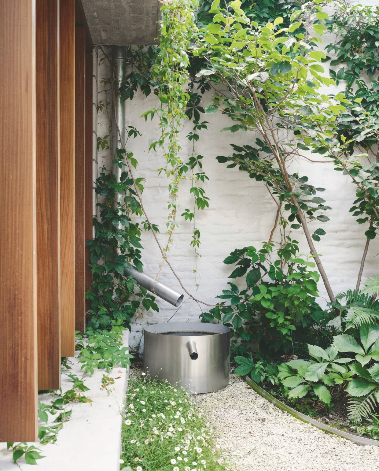 De rvs wateropvangbak maakten ze zelf en vangt het water van het bovenliggende groene dak. Kozijnen in afrormosia hardhout. stijlvol wonen 02-2025 | productie Living Inside | fotografie Mr. Frank
