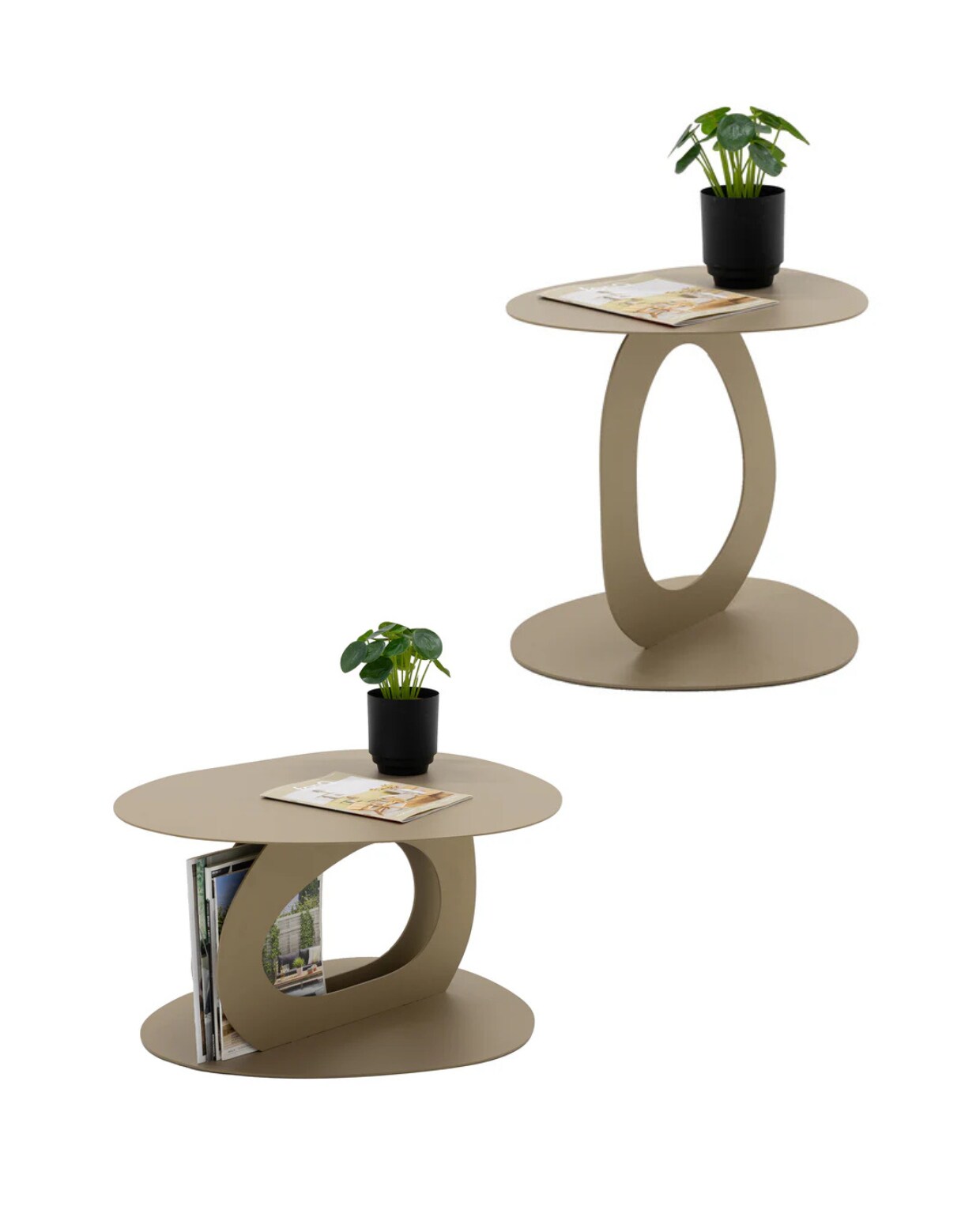 Stalen salontafel Tonda, 65,6x55x35 cm (lxbxh) € 475,- en stalen bijzettafel Alto van Spinder x Eva van de Ven, 45,5x39x55 cm (lxbxh) € 395,- (shop.vtwonen.nl). vtwonen