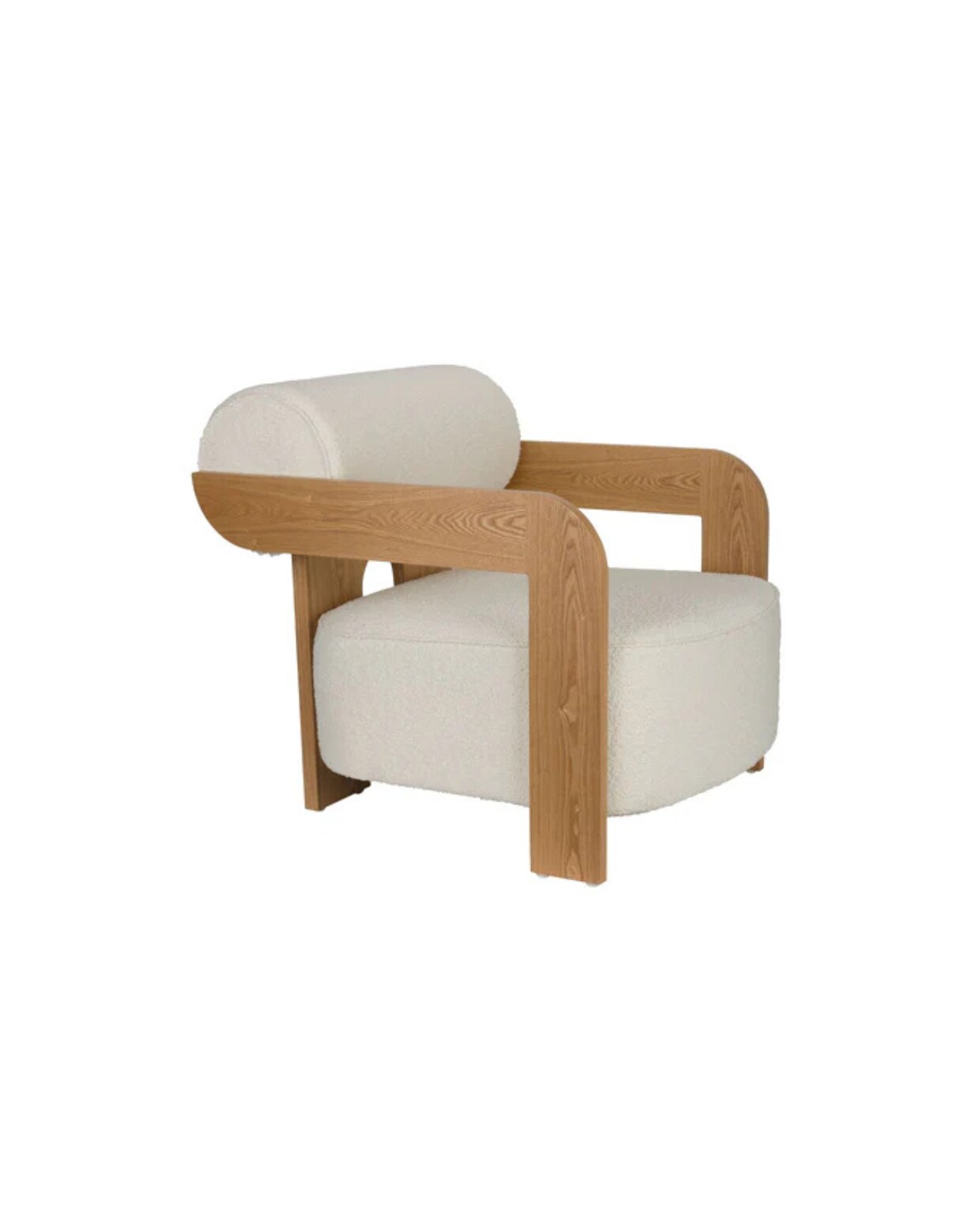Fauteuil Oolong van Zuiver, eikenhout en bouclé, 90x73x76 cm (lxbxh) € 779,- (shop.vtwonen.nl). vtwonen