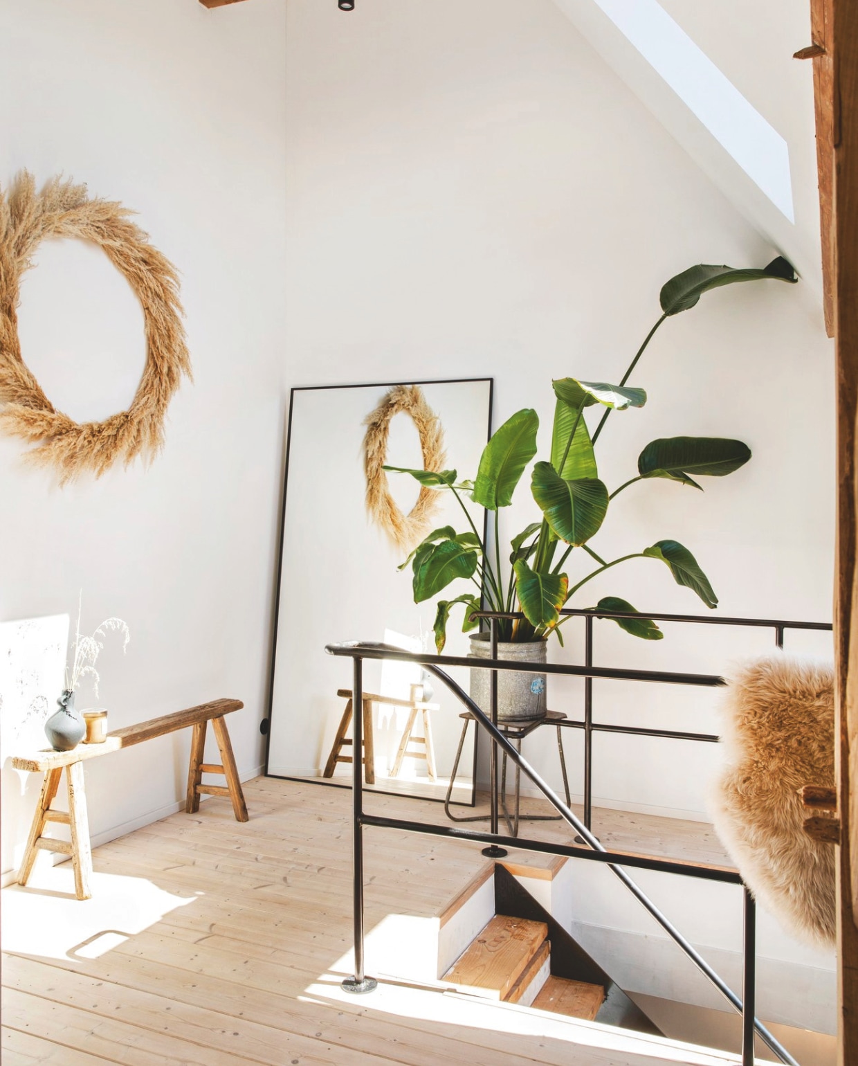 Houten bank Cooperz Wonen. Spiegel Spiegel21. Plant strelitzia. Krans van gedroogd pampagras gemaakt door Anna-Lena. vtwonen Landelijk 03-2025 | Styling Miriam Hannemann | fotografie André Reuter | tekstbewerking Chris Muyres