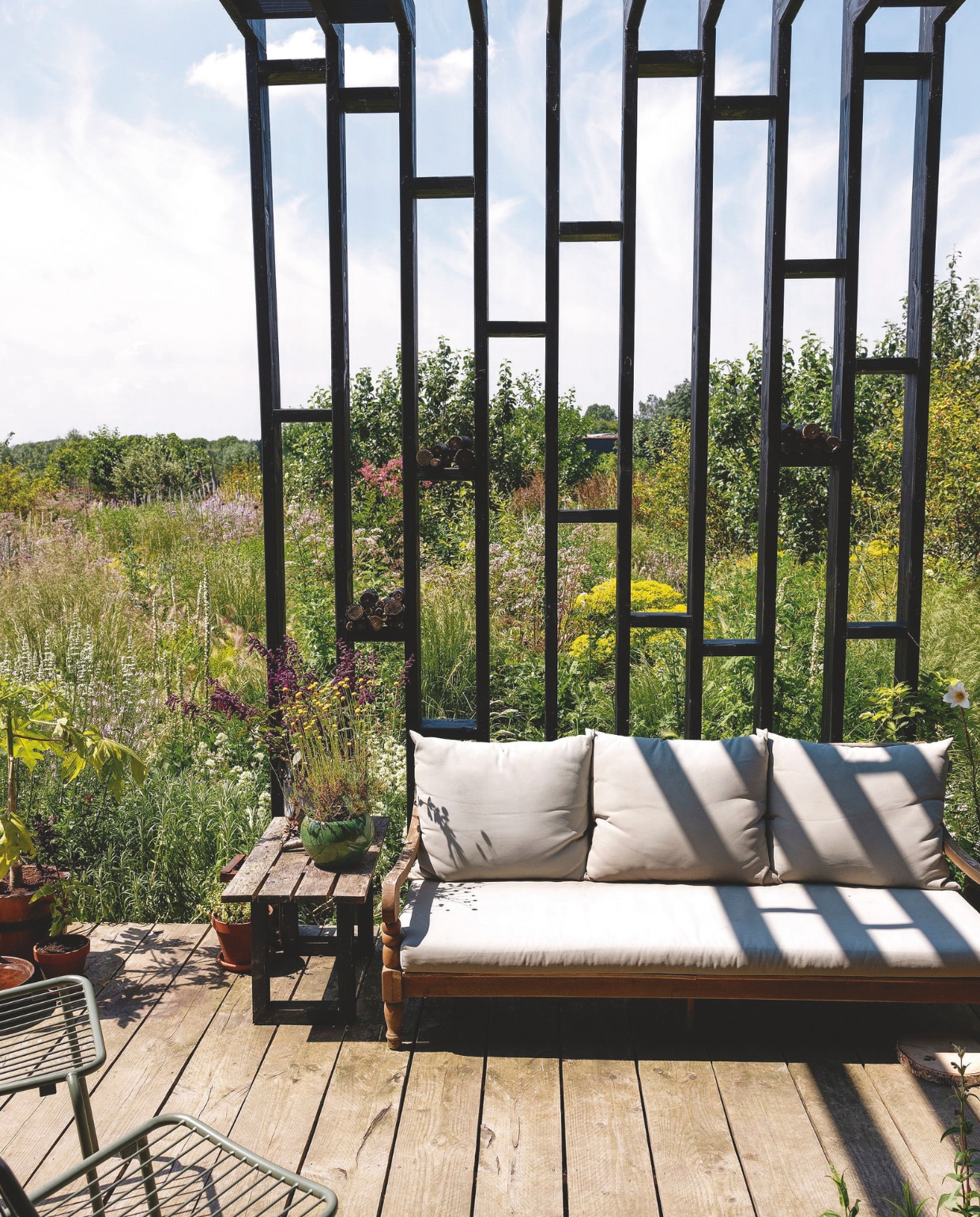 Tuinbank Roos en kussens van Lanterfant. Stoelen Gamma, overkapping zelf gebouwd met zwart gebeitst douglas, vlonders onbehandeld douglas, eikenhouten bijzettafel zelfgemaakt. Santolina en Salvia ‘Love and Wishes’ in pot. vtwonen 02-2025 | styling Ilona Jongepier | fotografie Dana van Leeuwen