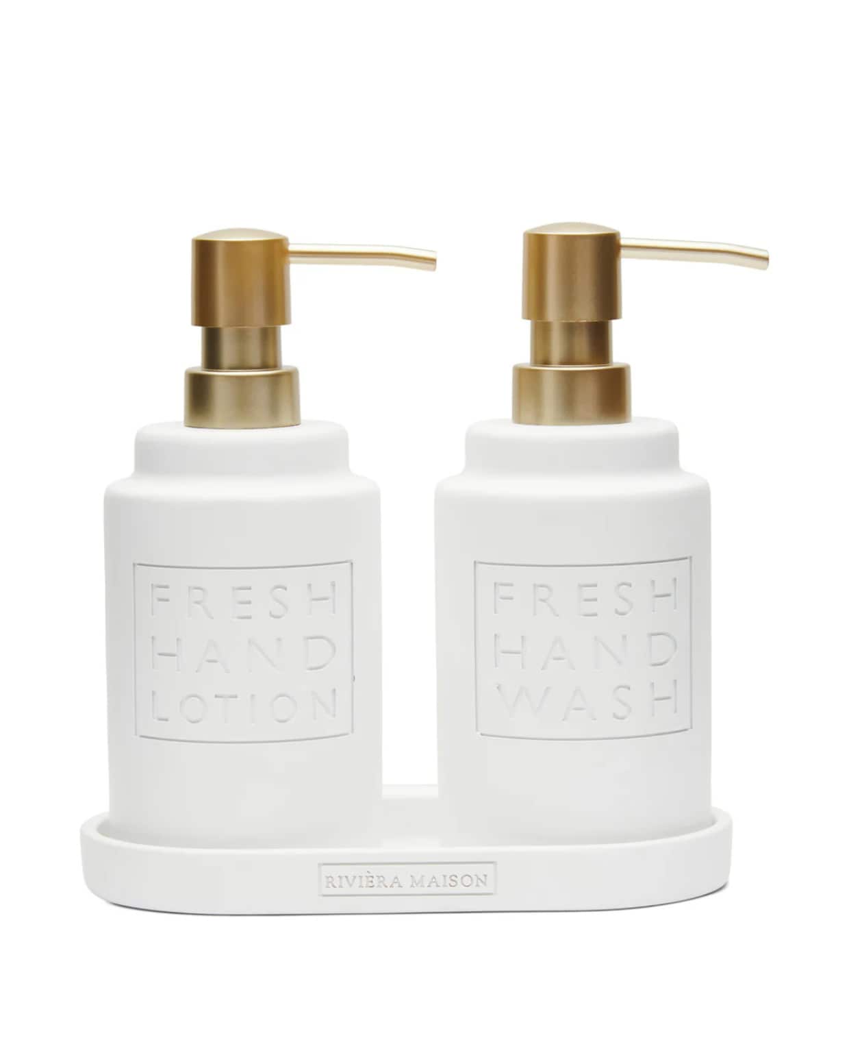 Rivièra Maison dispenserset fresh soap &amp; lotion, kunststof, wit, 19x9,5x18,5 cm (lxbxh) € 49,95 (shop.vtwonen.nl). Rivièra Maison