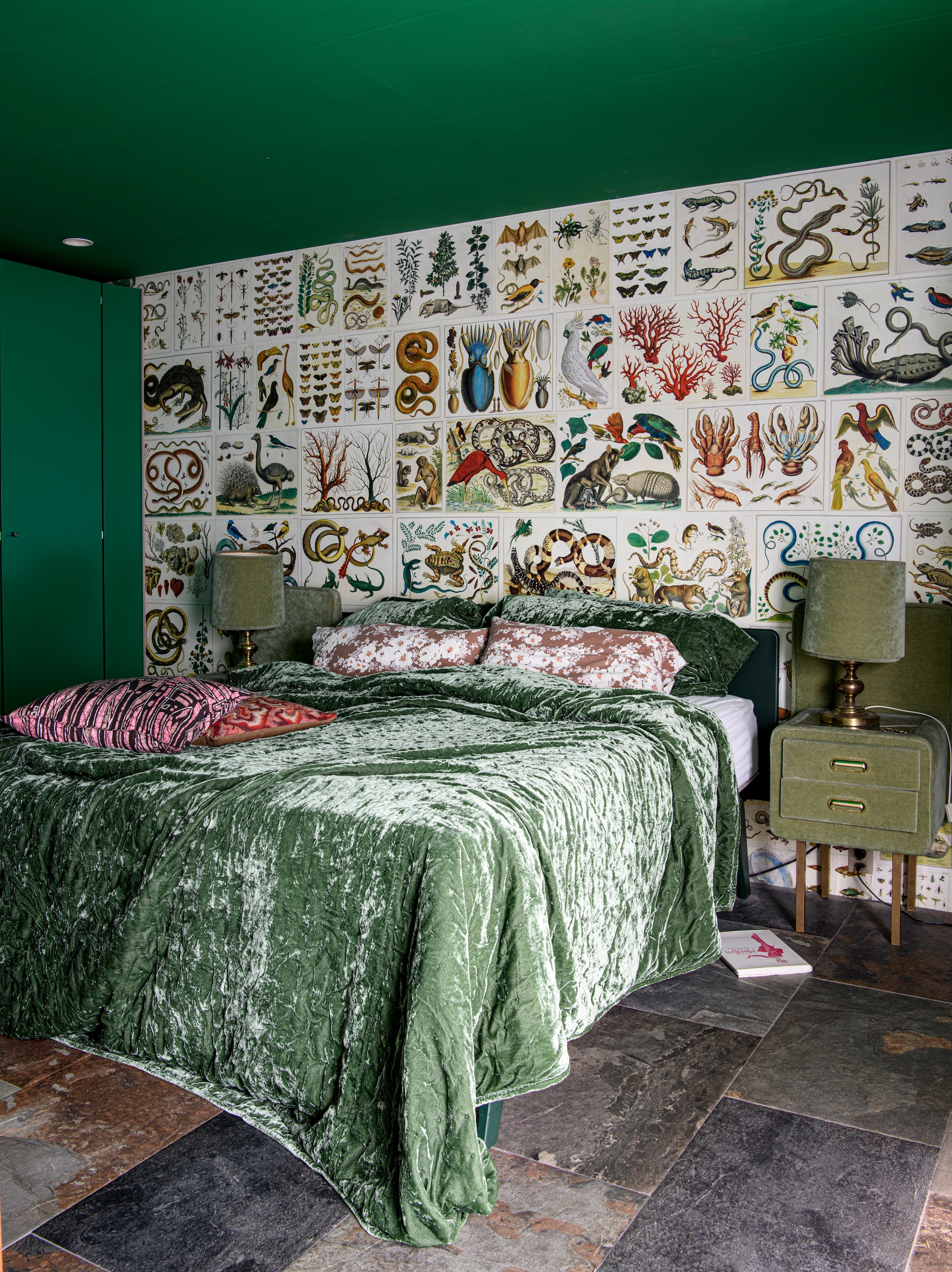 Groene sprei H&M Home, roze kussens Doris voor HKliving. Prints op de muur uit boek van Albertus Seba via Antiquariaat Kok. Overig vintage, rommelmarkt of onbekend. Vergelijkbare verfkleur Puck van Little Greene. vtwonen 09-2025 | productie Inside Homepage | styling Kim Timmerman | fotografie Louis Lemaire