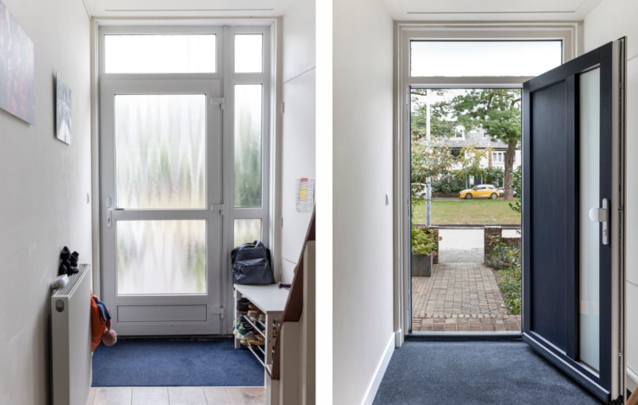 Links, de verouderde voordeur. Rechts, het energiezuinige exemplaar van Select Windows.