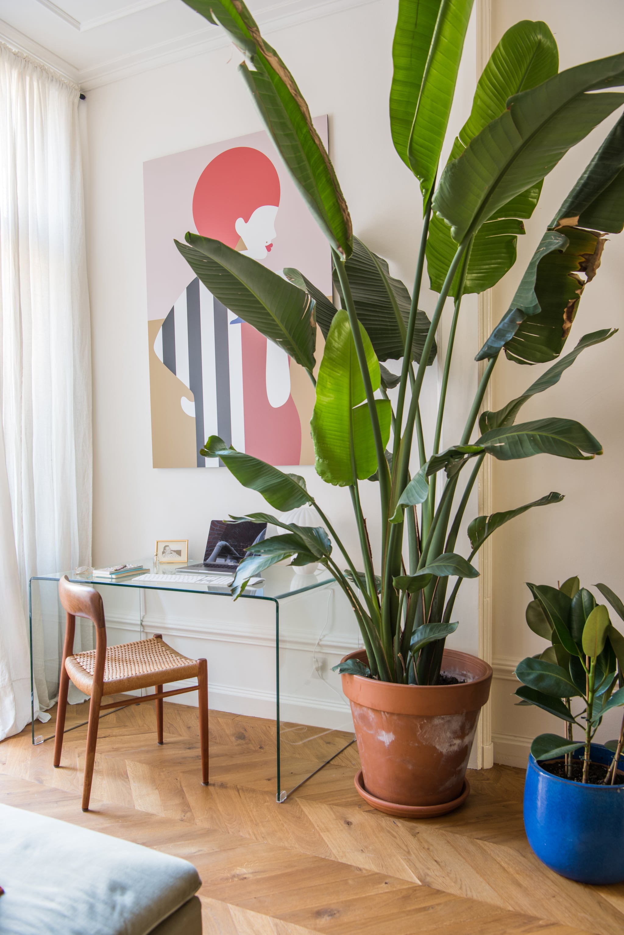 Muurverf Slaked Lime van Little Greene. Schilderij Eveline Schram. Bureau Marktplaats. Stoel Niels Otto Møller. Bloempotten Intratuin.  vtwonen 01-2026 | styling Jasmijn Stegeman | fotografie Anke Leunissen