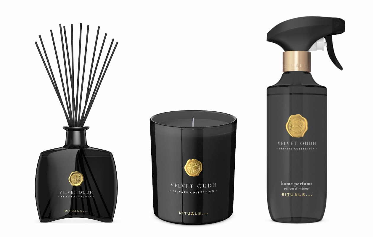 De Velvet Oudh Fragrance Sticks, Scented Candle en Home Perfume uit de Rituals Private Collection.