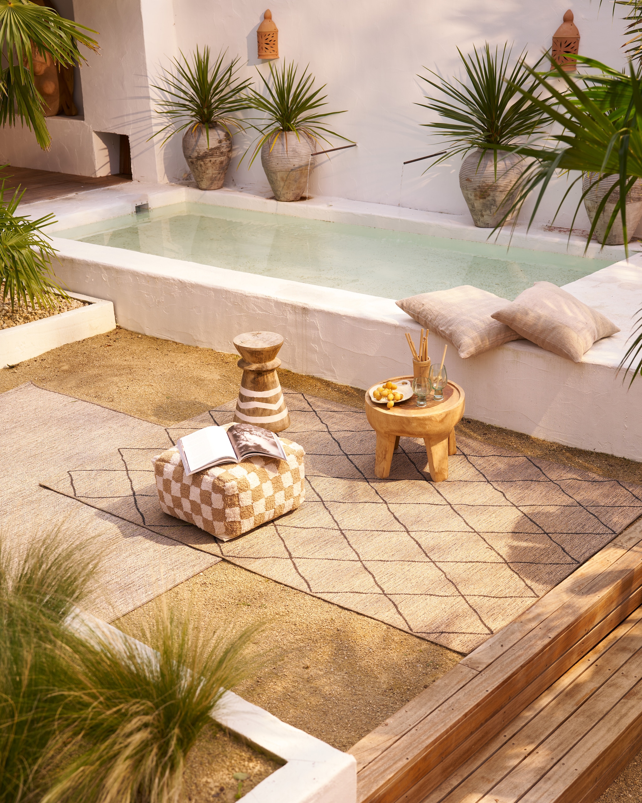 Rechts polypropyleen buitenkleed Diamond Toes in naturel met zwarte ruiten, 160x230 cm € 99,99. Links polypropyleen buitenkleed Toes au Naturel in naturel uni, 160x230 cm € 99,99. M.m.v. vtwonen.nl/shop (poef Check, wijnglazen en kussens, allemaal van vtwonen). Overig privébezit. vtwonen special 01-2026 | styling Cleo Scheulderman | fotografie Jeroen van der Spek