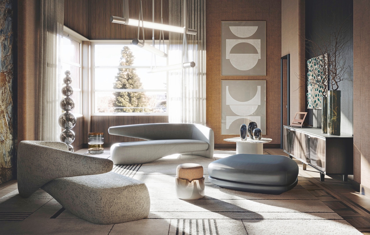 Villa II Girasole ingericht door Giorgetti met vloerlamp Upward en plafondlampen Silver. vtwonen design 01-2026 | Fotografie Denise Zwijnen [woonkeuken), Nava Rapacchietta [patio)