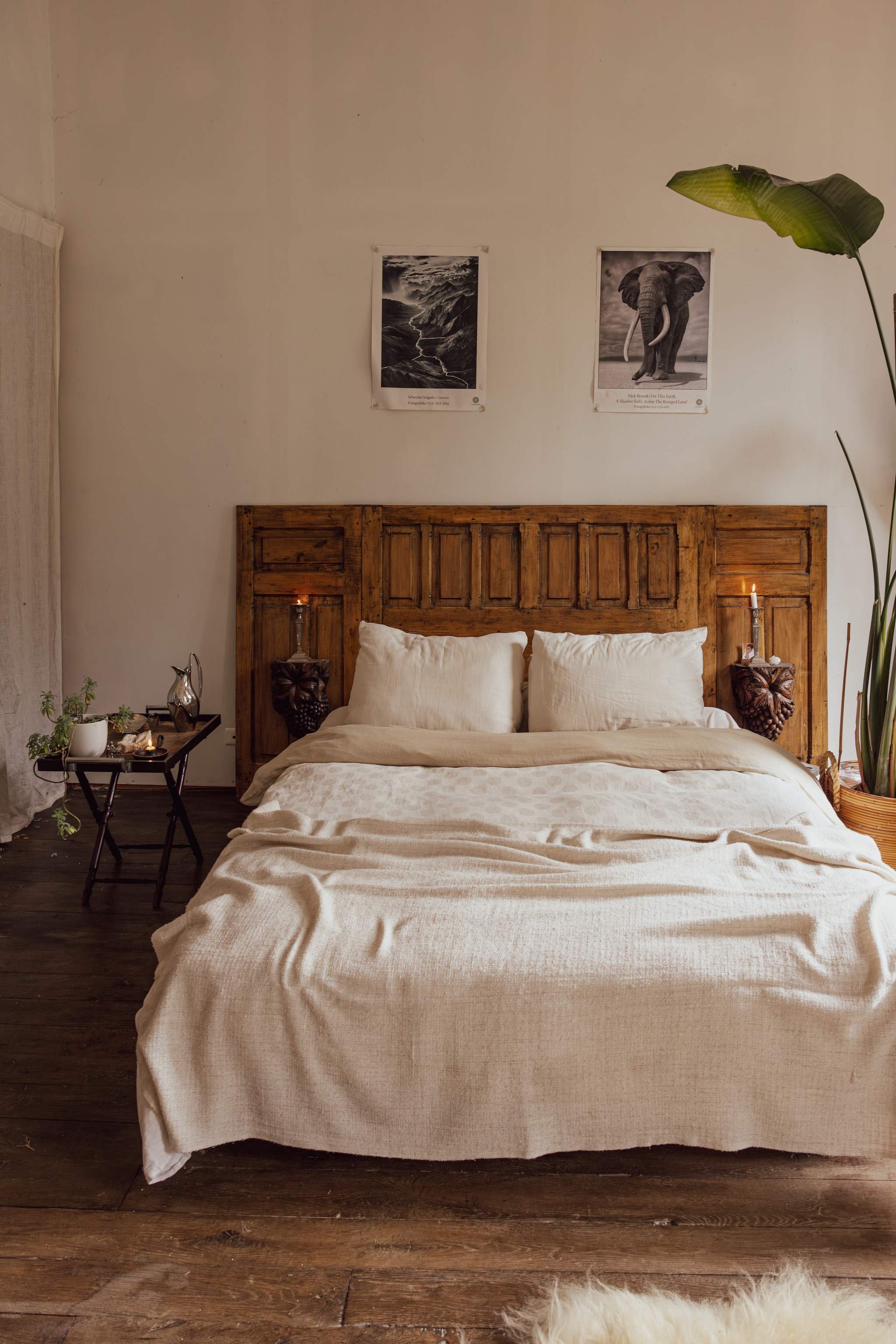 Bed en bijzettafel van vorige bewoners. Beddengoed Hema. Wollen plaid souvenir. Karaf Georg Jensen. Posters Fotografiska. Plant en pot Intratuin.  vtwonen Landelijk 06-2026 | styling Ilona Jongepier | fotografie Dana van Leeuwen