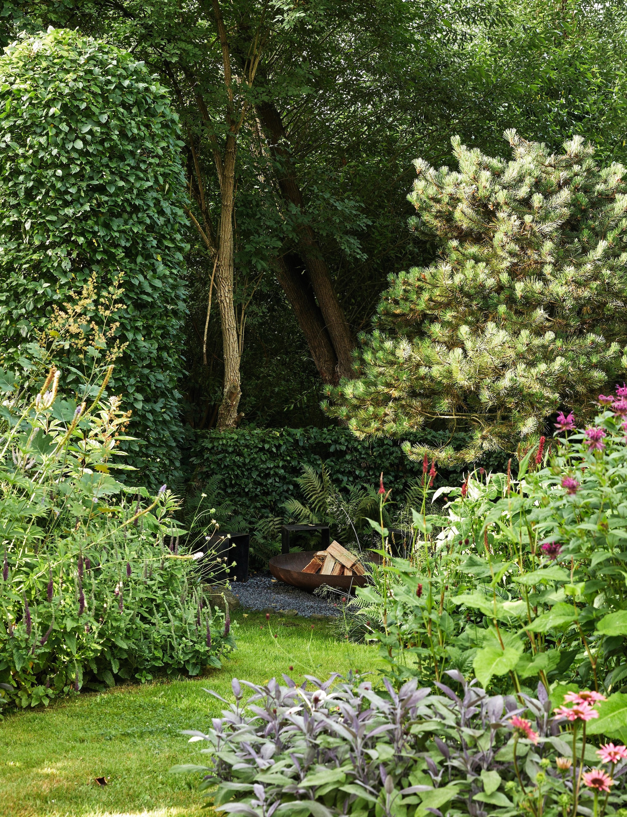 Krukken en vuurschaal zelfgemaakt. Beplanting: grove den (Pinus sylvestris), haagbeuk (Carpinus betulus), salie (Salvia officinalis), rode zonnehoed (Echinacea purpurea) en bergamotplant (Monarda). vtwonen landelijk 03-2026 | fotografie Peter Fehrentz