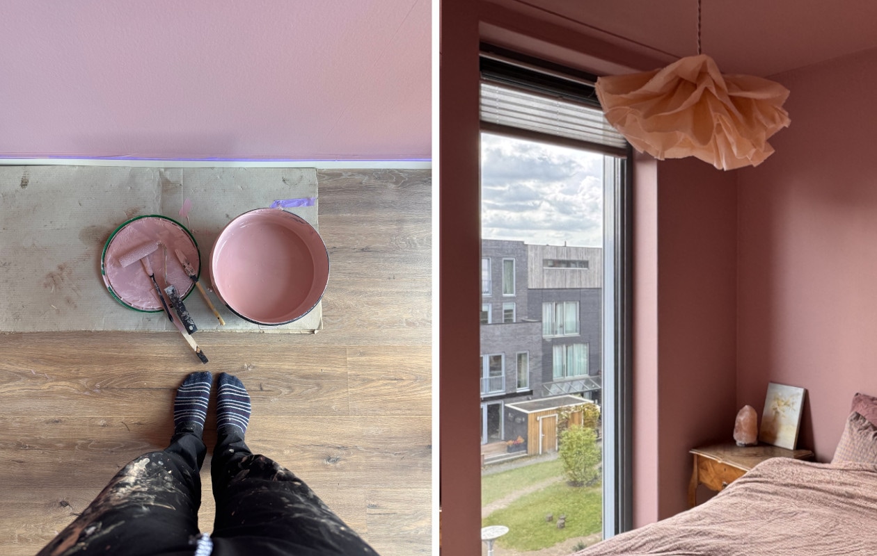 Simone schildert de muren én het plafond van haar gastenkamer in de warme rozetint P05540 uit de kleurenwaaier van Wijzonol.