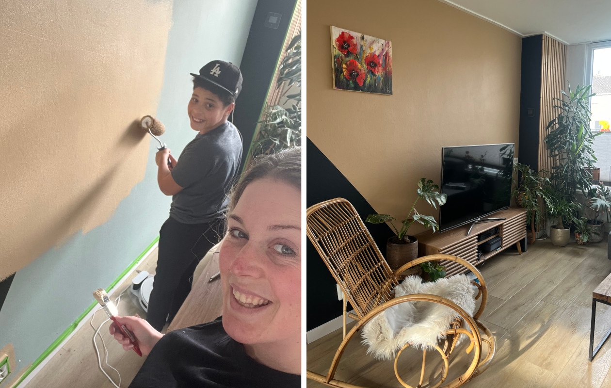 Links: Leonie schildert met haar zoon. Rechts: het resultaat: als basis voor de muur de kleur P07140 en als accentkleur N56080.
