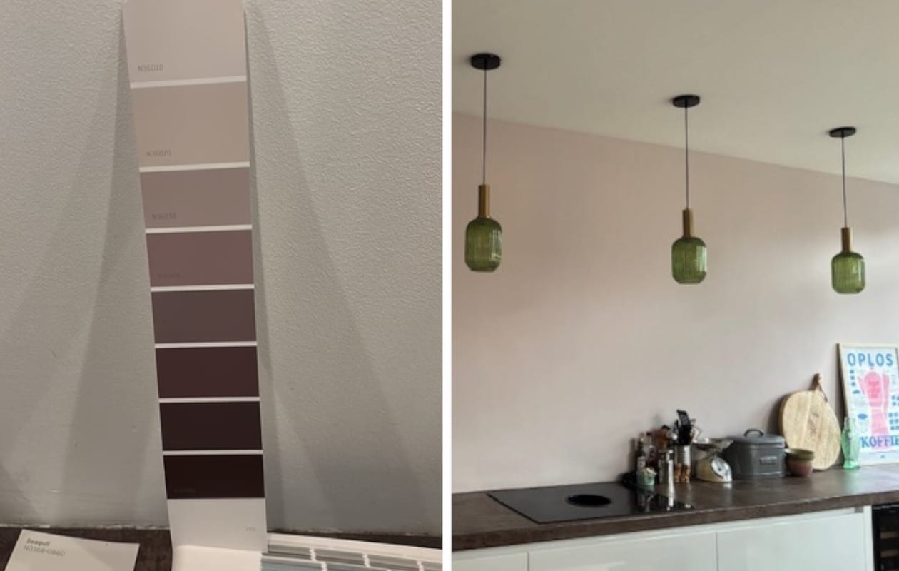 Annoek geeft haar keuken een nieuwe look in de zachte rozetint N36020 uit de kleurenwaaier van Wijzonol.