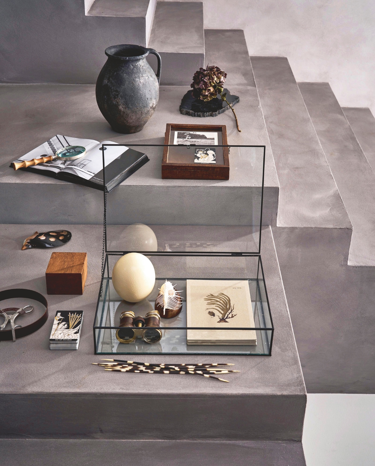 vtwonen opbergdoos, glas en metaal, zwart, 33x21x9 cm (lxbxh) € 54,95, vtwonen fotodoos, hout en glas, bruin, 43x33,5x5 cm (lxbxh)  € 49,95. Overig privébezit. vtwonen 5-2026 | styling Cleo Scheulderman | fotografie Jeroen van der Spek