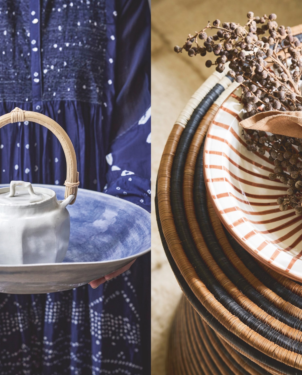 Foto links: Japanse theepot, keramiek, prijs op aanvraag (japansetheepot.nl). Wonki Ware saladeschaal blue € 105,-, Couleur Locale jurk Neel 16, zijde € 595,- (couleurlocale.eu).