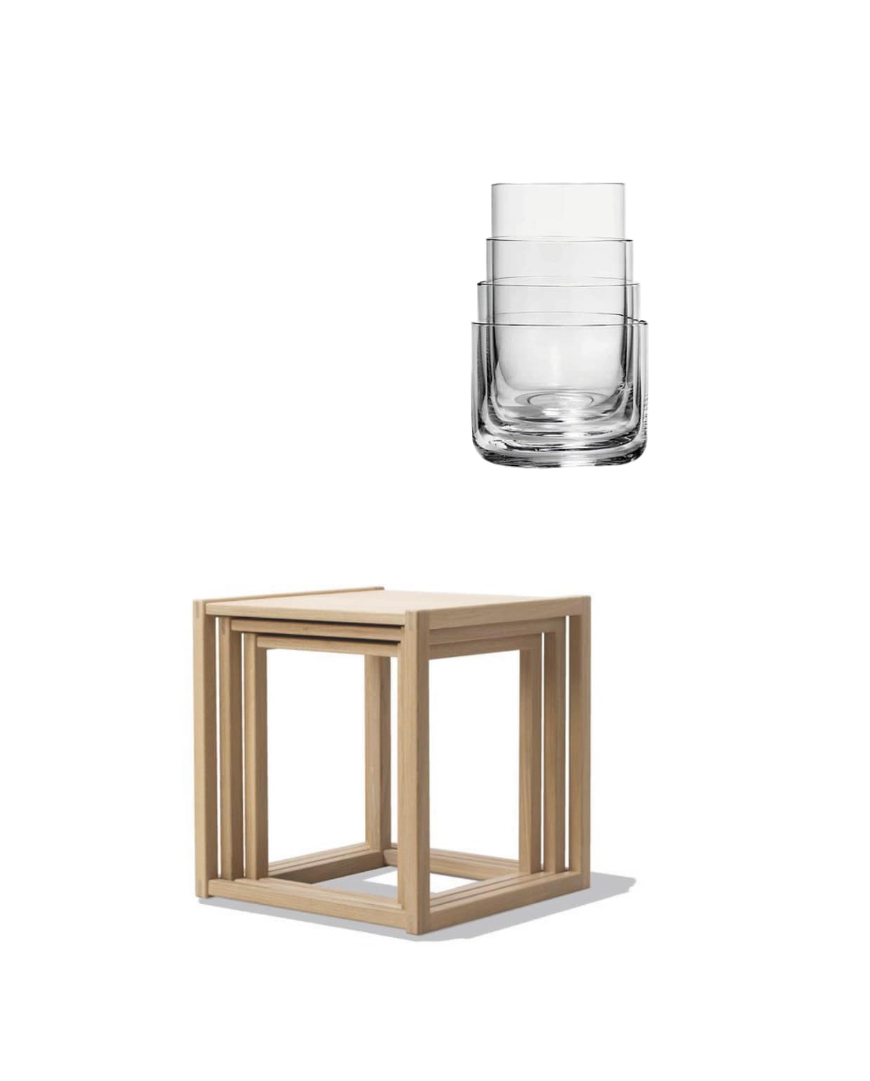 Aarke nesting glazen, kristalglas, set van 4 € 45,- (aarke.com). Fredericia Furniture nesting bijzettafels Bm375, ontwerp van Børge Mogensen uit 1962, eikenhout, set van 3 € 1134,- (fredericia.com). vtwonen Design 04-2026