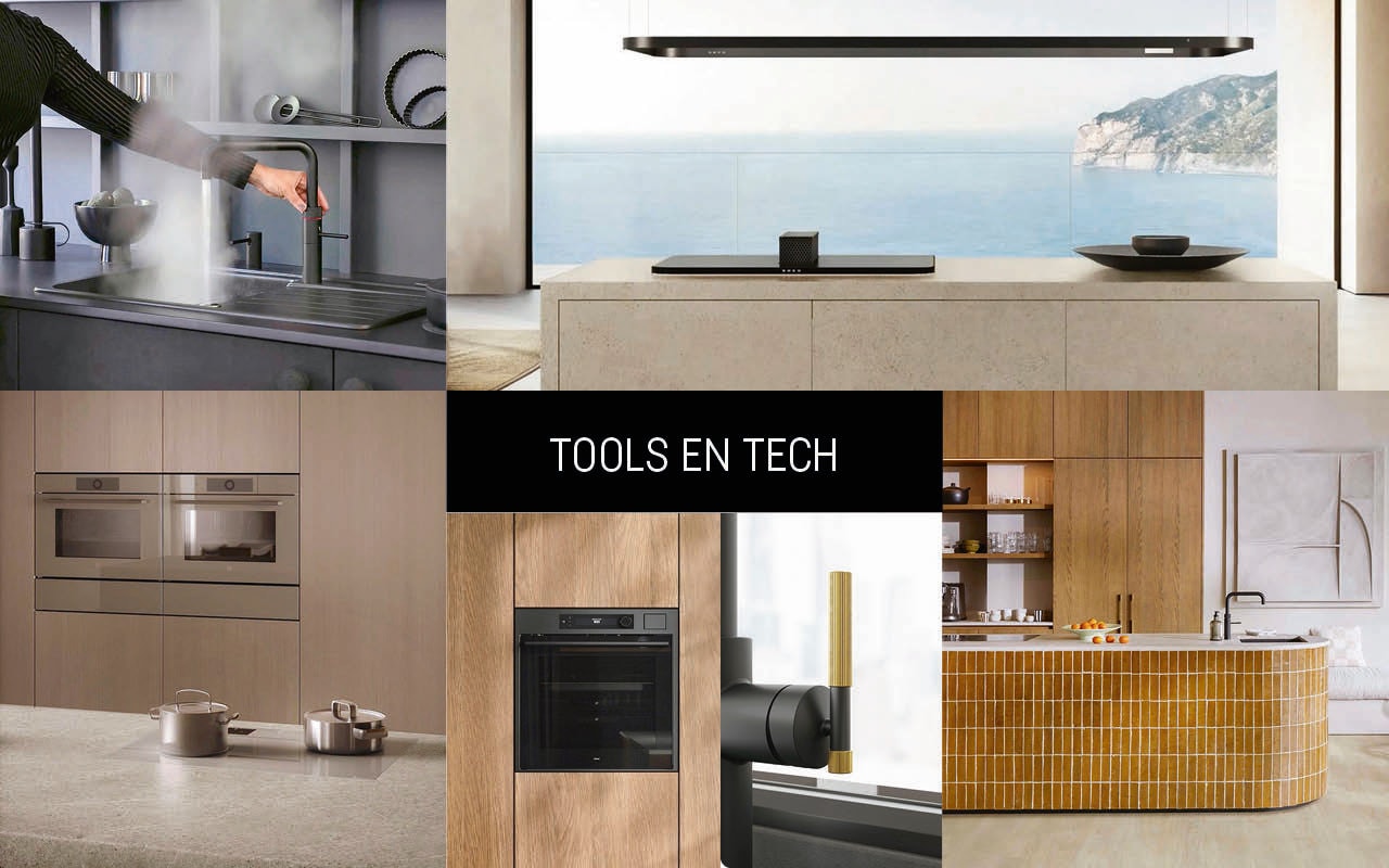 Met de klok mee: Quooker kraan Fusion Square, Smeg inductiekookplaat Isola, V-zug inductiekookplaat CookTop, oven Atag, keukenkraan Franke, vloer Moduleo. vtwonen Design 07-2026
