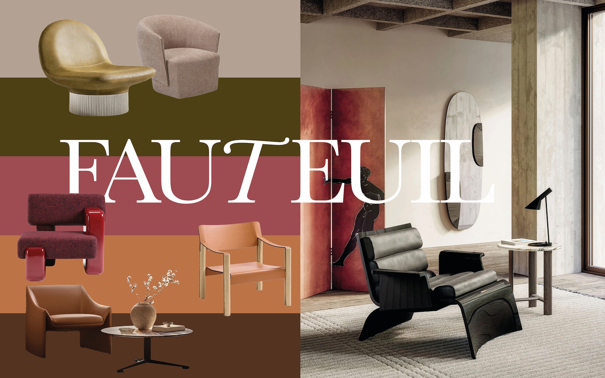 Met de klok mee: fauteuil Pollon Jori, fauteuil Amour Bonaldo, fauteuil Gradas Sancal, fauteuil Abaco B&B Italia, fauteuil Masami Lema, fauteuil Linda Frigerio. vtwonen Design 08-2026