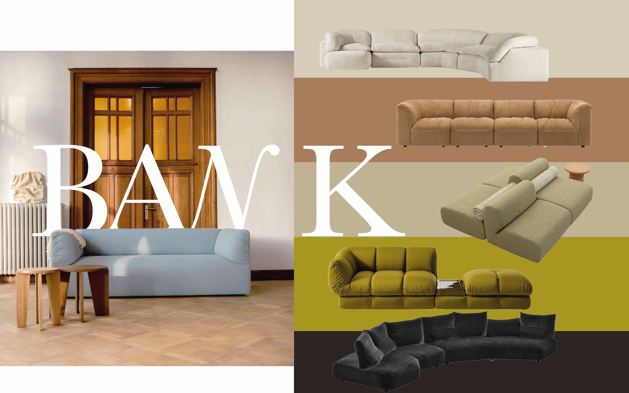 Met de klok mee: 3-zitsbank Unfold Studio Henk (blauw), bank Butter Tacchini, bank Deca Arflex, bank Oasi Saba Italia, elementbank Ardys Cassina,  bank Anywhere Edra vtwonen Design 08-2026