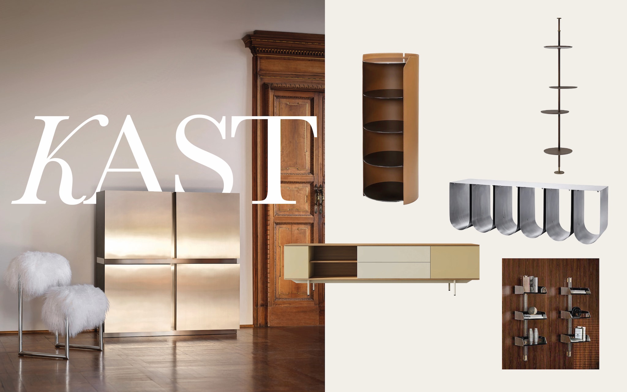 Met de klok mee: kast Parioli Acerbis, boekenkast Louise Flexform, boekenkast Address Cattelan Italia, wandplank Curved Kristina Dam Studio, kast Landscape Pastoe, boekenkast Doheny Minotti. vtwonen Design 08-2026