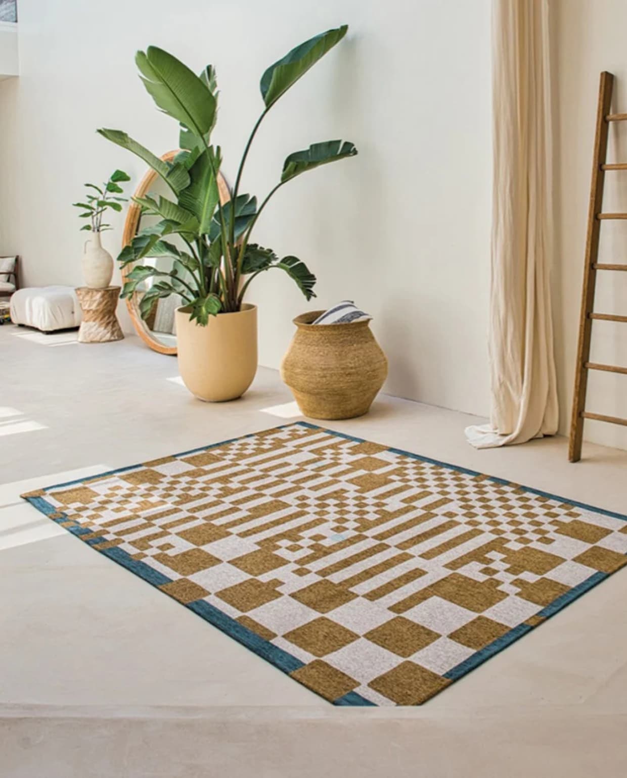 Binnen & buiten machinewasbaar vloerkleed Craft Chess van 70% gerecycled PET - geel - 200x280cm Louis De Poortere