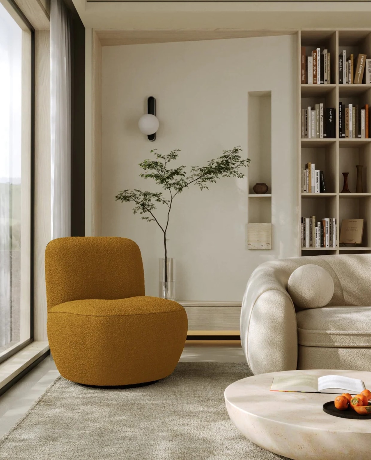 Draaibare fauteuil JENA - bouclé-stof mosterd 64cm Sia Home